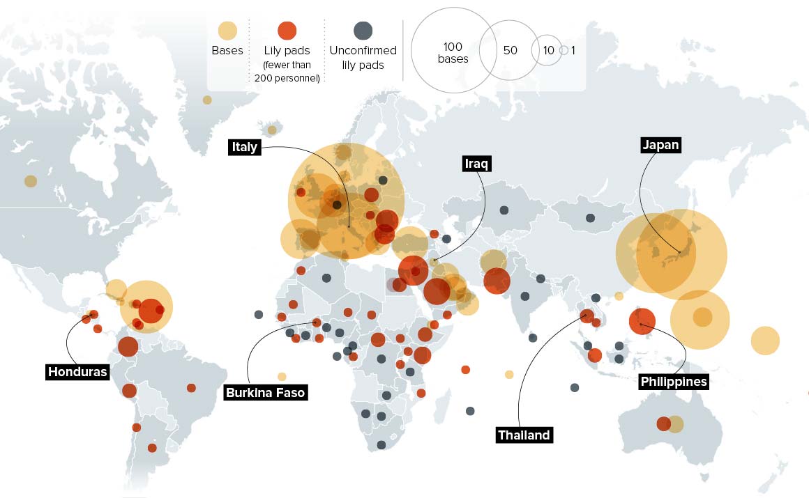 Mapa das bases militares dos EUA ao redor do mundo